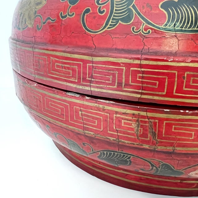 Large 14" Antique Chinese REd Lacquer Wedding Box For Sale - Image 14 of 16