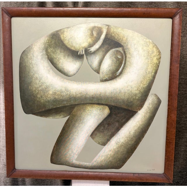 Beige Carlos León Cruz “Untitled” Abstract Oil on Canvas, Custom Leather Frame For Sale - Image 8 of 12