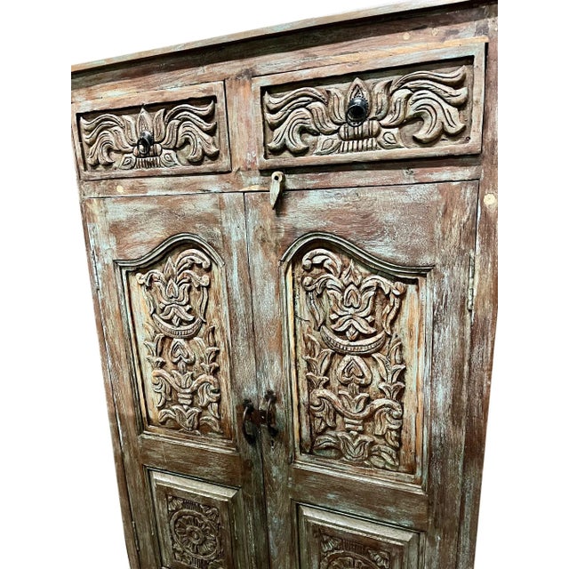 Wood Midcentury Antique Spanish Style Armoire Carved Storage Bar Cabinet For Sale - Image 7 of 9