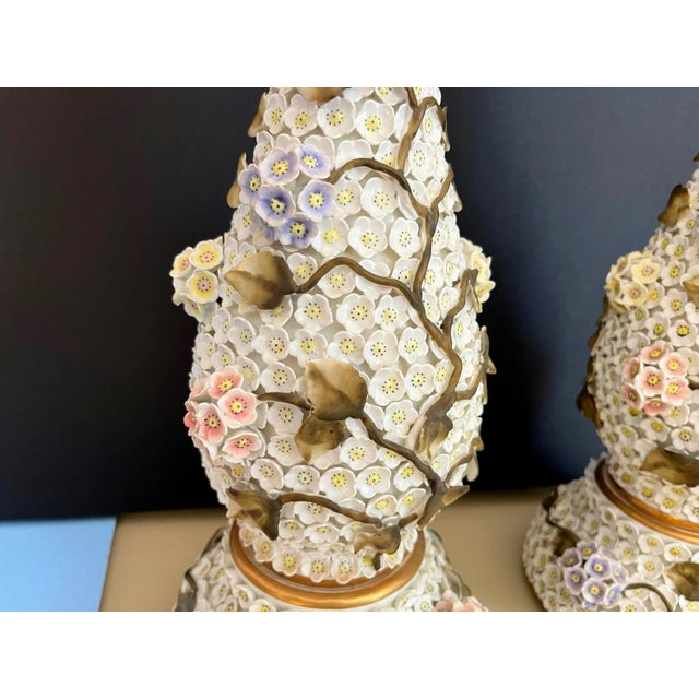 White 1950s Applied Floral Porcelain Tree of Life Lamps, Pair For Sale - Image 8 of 18