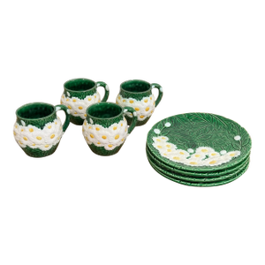 Vintage Ceramic Daisy Motif Mugs and Dessert Plates, 8 Pieces