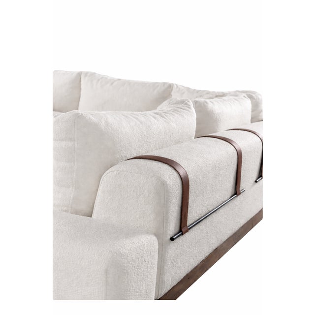 Contemporary “Faro” White Bouclé Sectional With Leather & Iron Strap Detail For Sale - Image 3 of 5