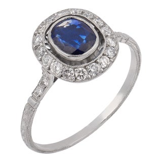 Early 20th Century Art Deco Inspired Sapphire Diamond Cluster Platinum Ring, Size 7.5 For Sale