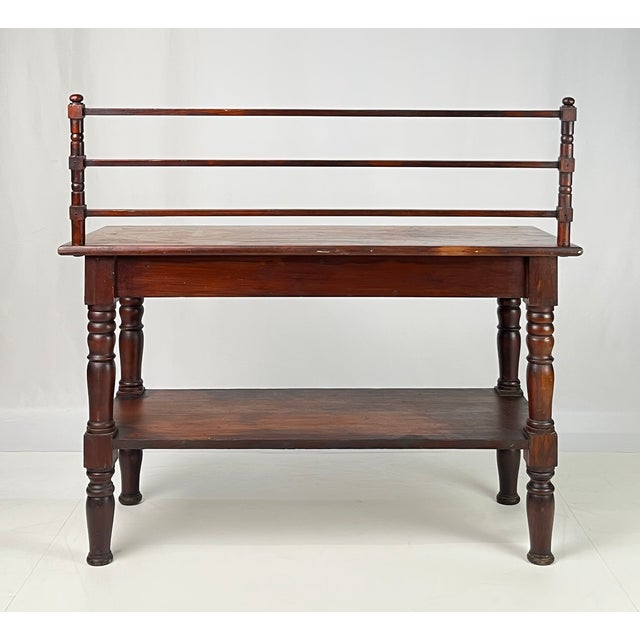 Antique Rustic Wood Baker's Rack / Wash Stand With Slotted Gallery & Lower Shelf For Sale - Image 12 of 13