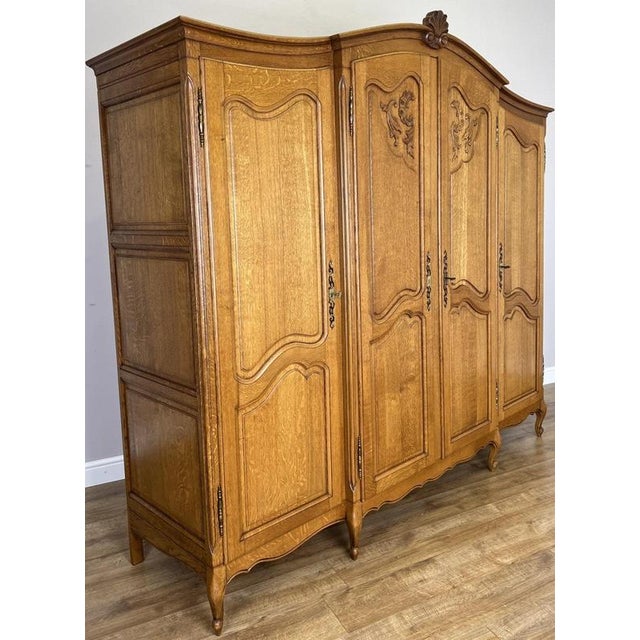 Vintage French Louis XVI Style Carved Oak 4-Door Armoire For Sale - Image 10 of 12