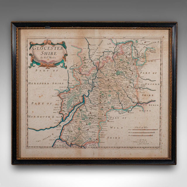 This is an antique county map of Gloucestershire. An English, framed atlas engraving of cartographic interest By Robert...