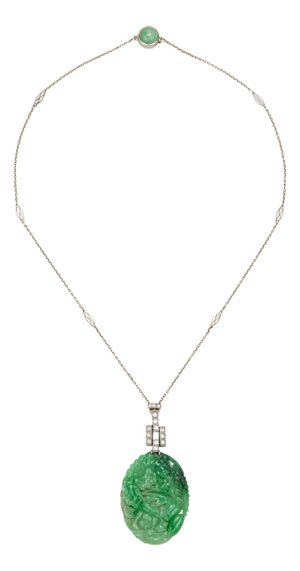 Vintage Art Deco Carved Jade Diamond Necklace Platinum 14k Gold 16" Flowers