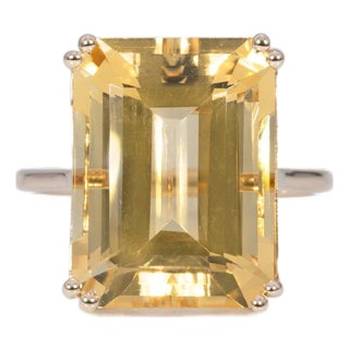 11.7Ct Citrine Ring – Emerald Cut 16×12 Mm, Solid 14k Gold Statement Ring For Sale