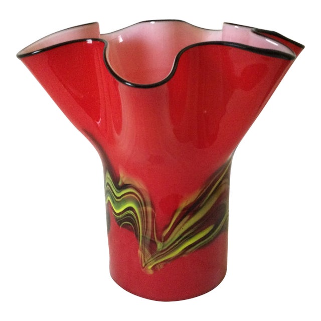Mid Century Hand Blown Cased Fazzoletto Style Italian Art Glass Vase For Sale