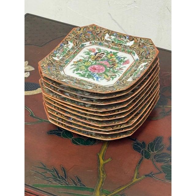 Antique Canton Rose Thousand Butterflies Porcelain Plates, Set of Ten For Sale - Image 9 of 12