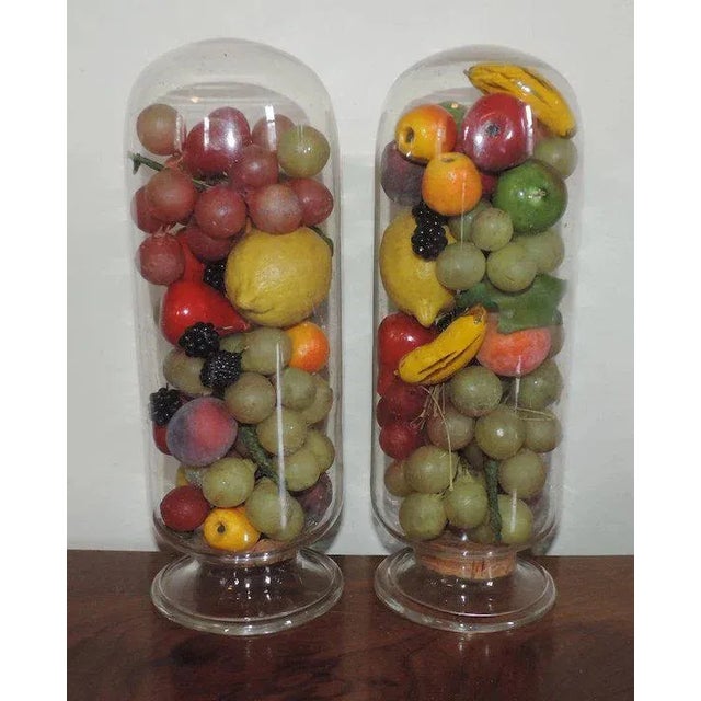 19th Century 19th Century Victorian Wax & Papier Mache Fruit Pyramids in Glass Domes with Cork Stoppers - A Pair For Sale - Image 5 of 11