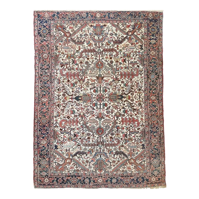 Blooming Jungle Antique Heriz Eggshell Linen Ground Rug 8 x 11 For Sale