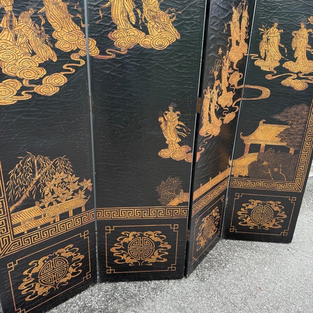 Vintage Chinese Hand Carved and Painted Crackled Room Divider/Screen For Sale - Image 4 of 12
