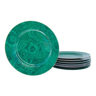 C.1990s Vintage Neiman Marcus Porcelain Malachite Pattern & Gold Rimmed Charger Plates - Set of 8 For Sale