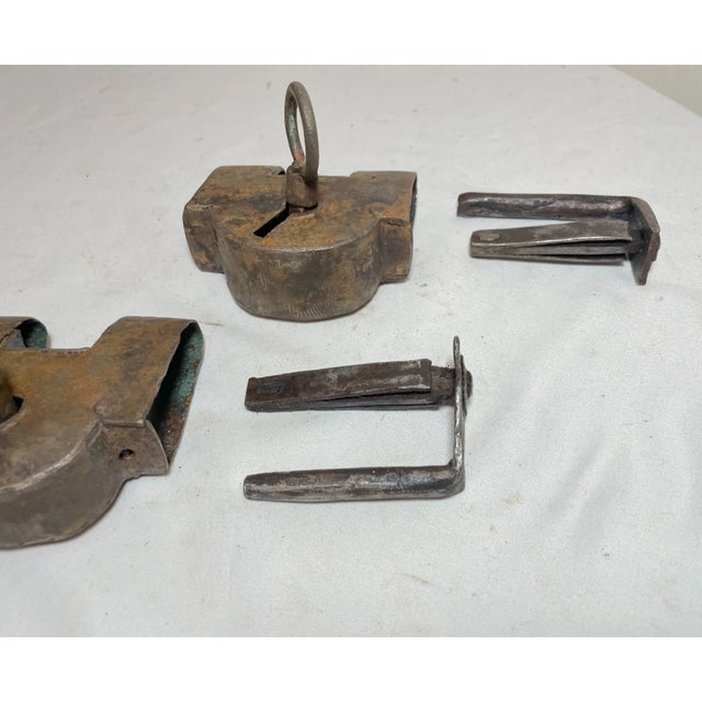 Brown Pair of Rare Antique Handmade 1800s Pad Lock Solid Steel Wrought Iron Key Forged For Sale - Image 8 of 10