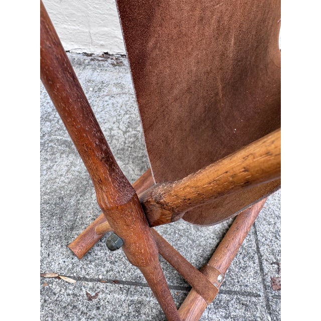 1960s Mid-Century Danish Teak Magazine Rack With Suede Sling, Folding X-Base, Scandinavian Modern, 1960s For Sale - Image 5 of 10
