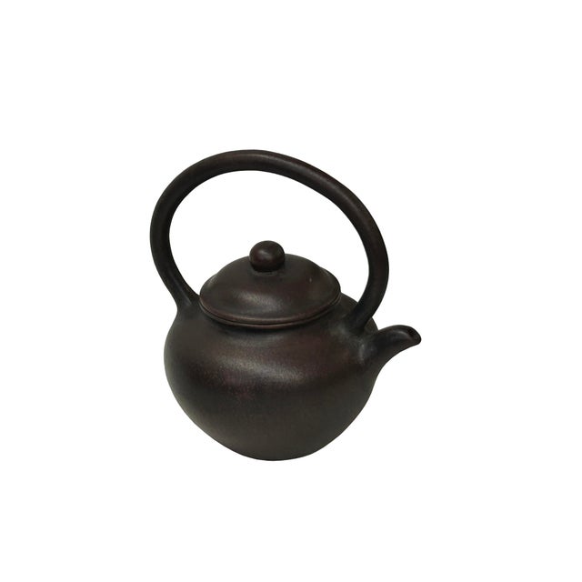Chinese Handmade Dark Brown Zisha Clay Arch Handle Display Teapot Art For Sale In San Francisco - Image 6 of 13