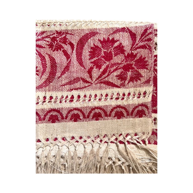 Victorian Turkey Red and Natural Linen Damask Fringed Table Runner Textile For Sale In San Francisco - Image 6 of 7