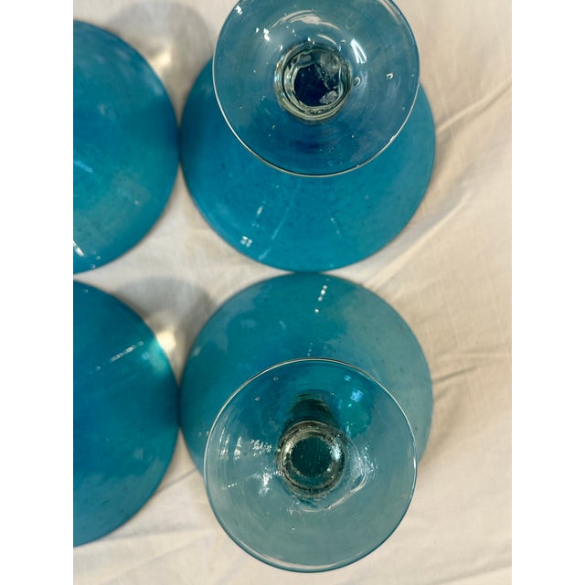 Crate and Barrel Calypso Aqua Blue Handblown Seeded Art Glass Clear Stem Martini/Dessert Glasses- Set of 4 For Sale - Image 9 of 9