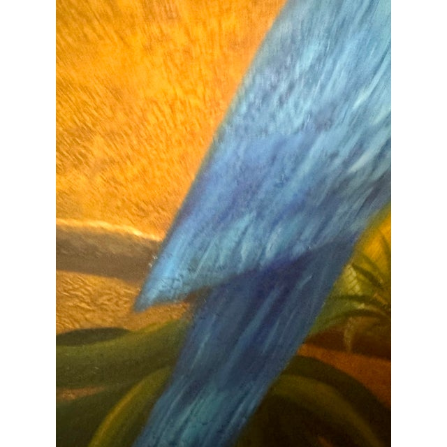 Vintage Boho Bamboo Parrot Painting, Illegible Signature, Framed 48” X 36 - Signed Unknown Artist For Sale In West Palm - Image 6 of 12