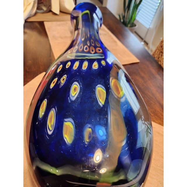 Glass Mid 20th Century Stunning 25" Murano Cobalt Blue Millefiori Vase Hand-Blown Statement Piece For Sale - Image 7 of 12