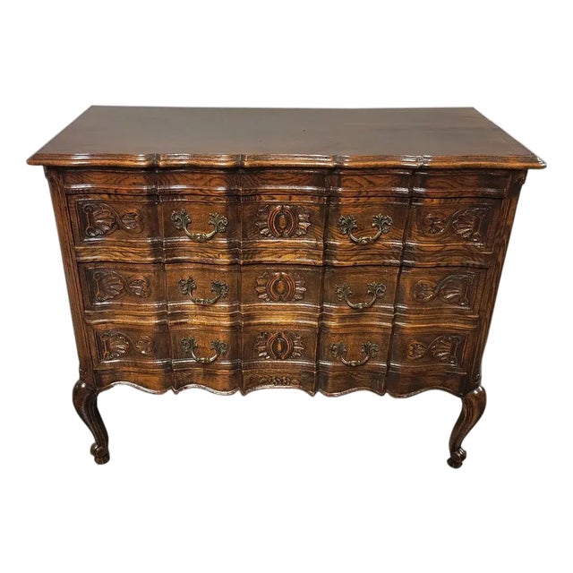 Early 20th C French Louis XV Provincial Carved Oak Arbalète Commode or Chest of Drawers For Sale