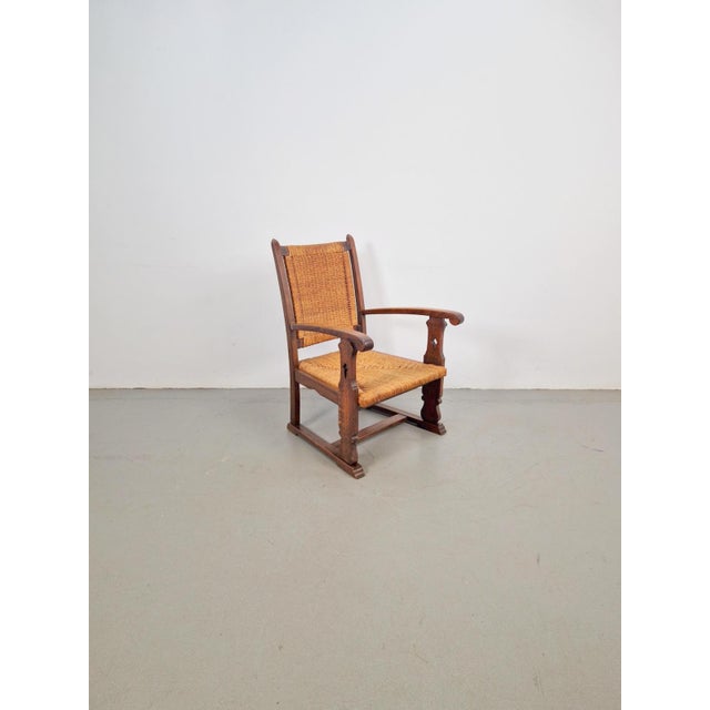 Brown Modern Dutch Brutalist Armchair in Rush and Oak, 1950s For Sale - Image 8 of 13