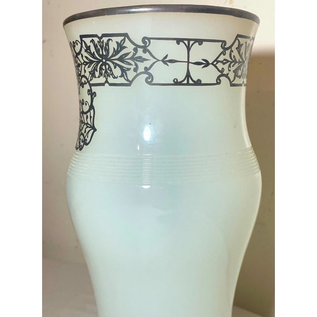 Antique Ornate Sterling Silver Overlaid Opal Opaline Tall Glass Vase For Sale - Image 11 of 12