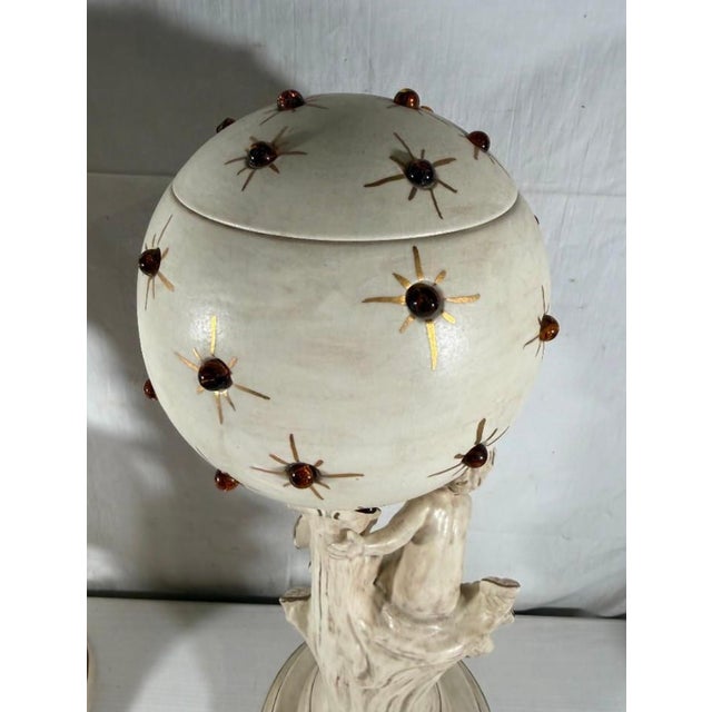 Vintage Mid-Century Modern Hollywood Regency Ceramic Cherub Sunburst Globe Lamps - A Pair For Sale - Image 13 of 16