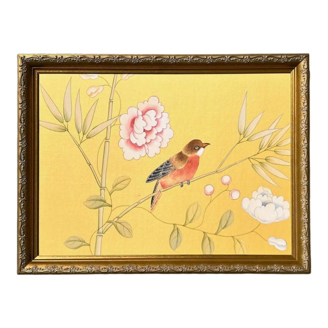Bird on Branch on Golden Silk Painting. For Sale