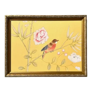 Bird on Branch on Golden Silk Painting.