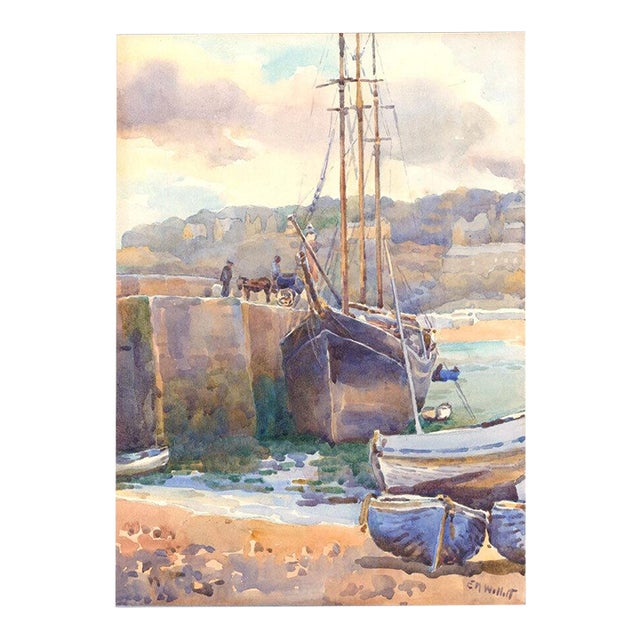 Vintage Original Watercolor Painting of Boats Docked at Harbor For Sale