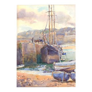 Vintage Original Watercolor Painting of Boats Docked at Harbor