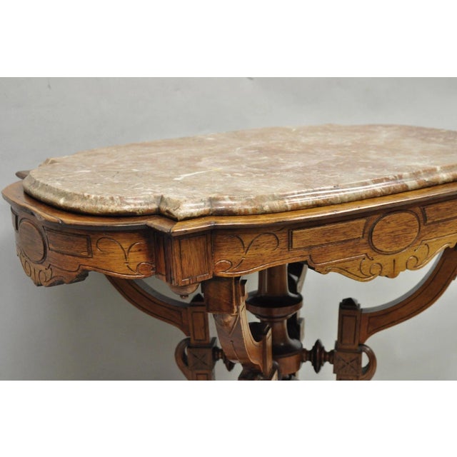 Antique Eastlake Victorian Carved Walnut Marble Top Parlor Lamp Side Table For Sale - Image 10 of 14