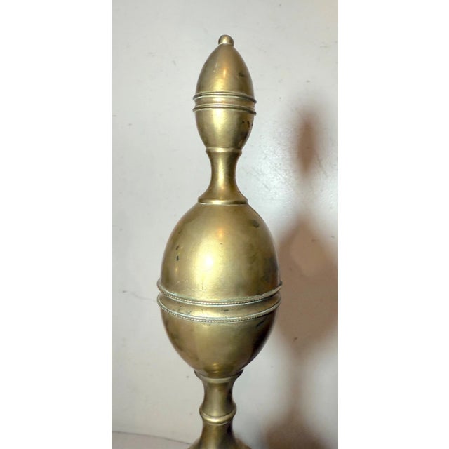 Traditional Pair of Antique 1700's Peened Brass Wrought Iron Federal Double Lemon Andirons For Sale - Image 3 of 12