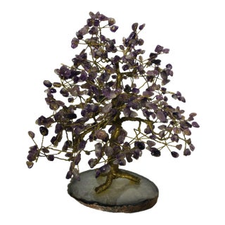 Vintage Amethyst Tree on Agate Base Tree of Life With Copper Trunk and Stems For Sale