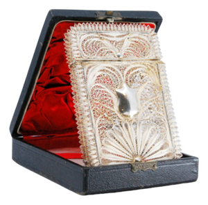 Filigree Silver Card Case with Central Monogram Card and Hinged Lid