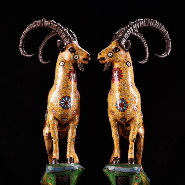 Traditional Late 20th Century Pair of Gilt Bronze Cloisonné Enamel Ram Figures on Rockery Bases For Sale - Image 3 of 9
