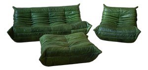 Dubai Green Leather Togo Lounge Chair with Pouf and 3-Seater Sofa by Michel Ducaroy for Ligne Roset, Set of 3