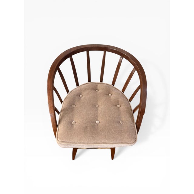 Dunbar Furniture 1960s Edward Wormley for Dunbar Sculptural Walnut Swivel Bar Stools in Mohair – Fully Restored Pair For Sale - Image 4 of 13