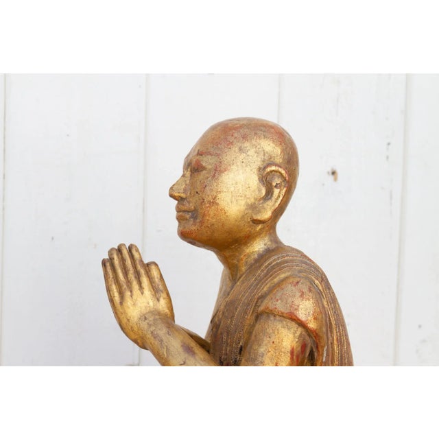 Gold Elegant Burmese Gilded Praying Monk For Sale - Image 8 of 10
