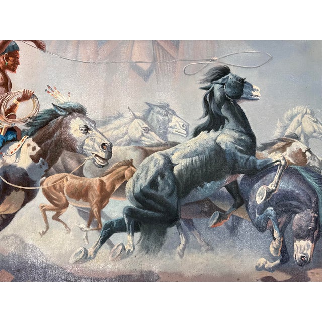 1970s Original Bill Larsen Native American Indian Chief Horse Hunt Oil Painting Canvas For Sale In New York - Image 6 of 13