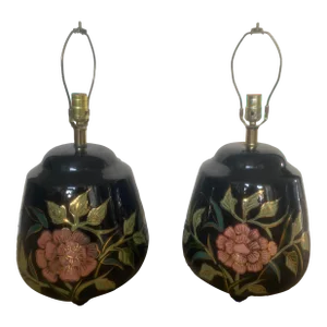 Art Deco Black Hand Pained Pink, Gold, and Green Floral Ceramic Table Lamps Signed Asta- Set of 2