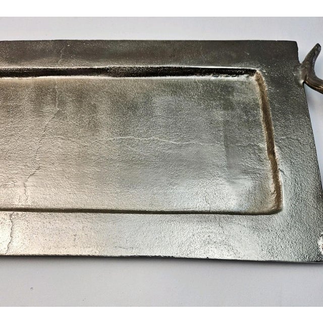 Silver Metal Serving Platter With Antler Handles – 26″ Rectangular Decorative Tray For Sale - Image 4 of 6