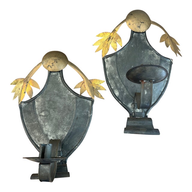 Antique Swedish Gilded Tole Metal Work Wall Candle Sconces - Pair For Sale