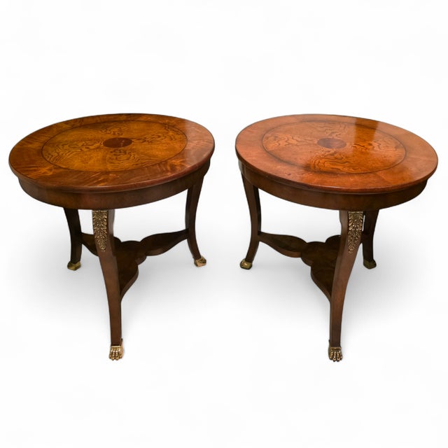 This Pair of Baker Furniture Round Fruit Wood and Mahogany Bronze Mounts Claw Feet Gueridon Side Tables are beautiful with...