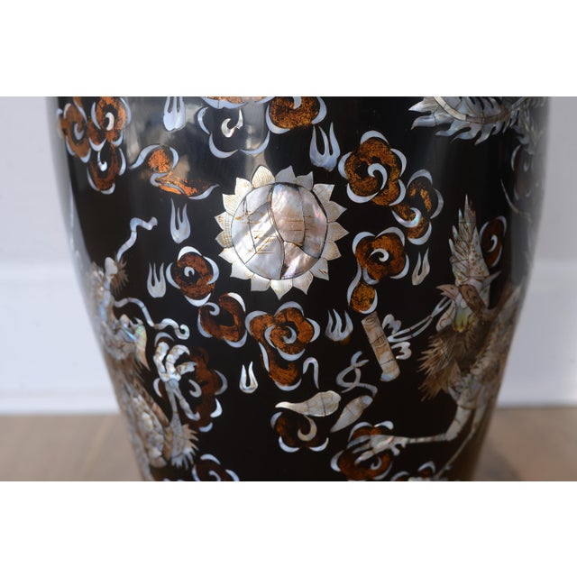 Large Vintage 1960s Vietnamese Black Lacquer & Mother of Pearl Floor Vases - A Pair For Sale - Image 14 of 15