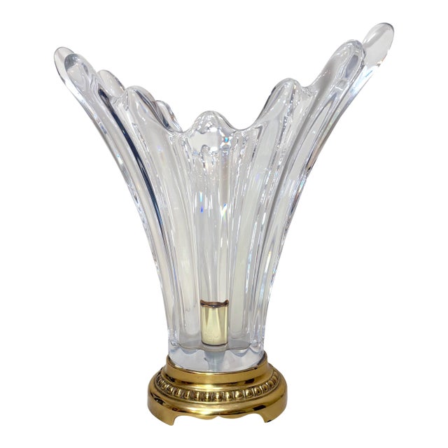 Vintage French Hand Blown Clear Glass Crystal Brass Splash Electric Table Lamp For Sale