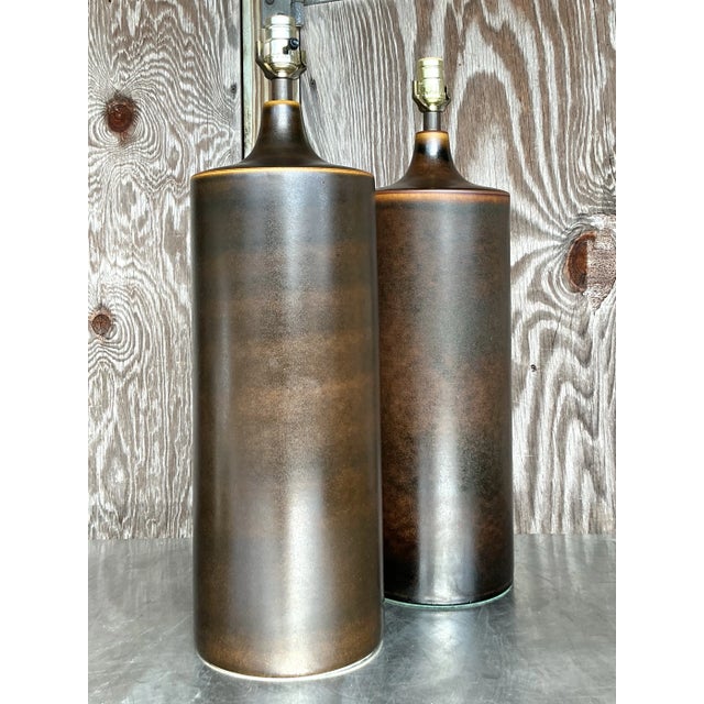 Lotte and Gunnar Bostlund Vintage Boho 1960s Lotte and Gunnar Bostland Model 1700 Glazed Ceramic Table Lamps - a Pair For Sale - Image 4 of 7