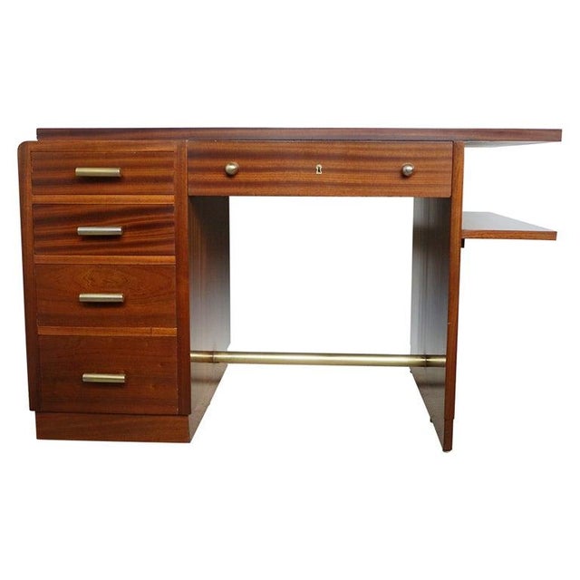 Art Deco Desk in Walnut with Original Brass Handles & Stretcher, 1930s For Sale - Image 14 of 14